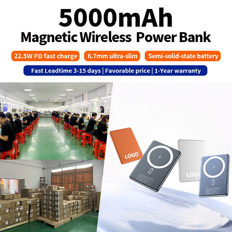 Custom Logo Thin Slim Aluminum 5000mAh Magnetic 15W Wireless Power Bank Fast Charging PD 22.5W Type-C Mini Powerbank