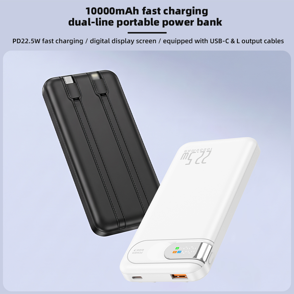 PD 22.5W Portable Charge Power Bank 10000mAh Fast Charging Built-in 2 Cables Digital Display Powerbank
