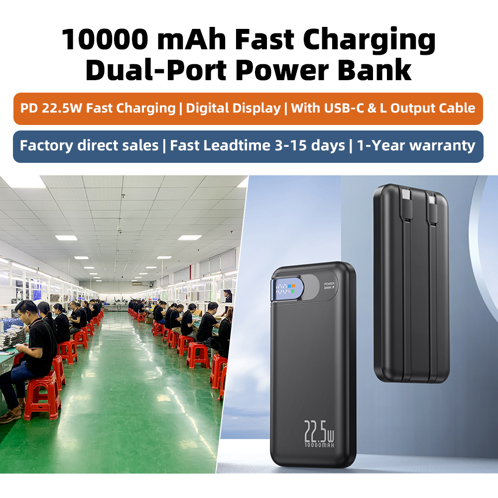 10000mAh 22.5W PD Fast Charging Power Bank Digital Display Built in 2 Cables Type-C Input Powerbank