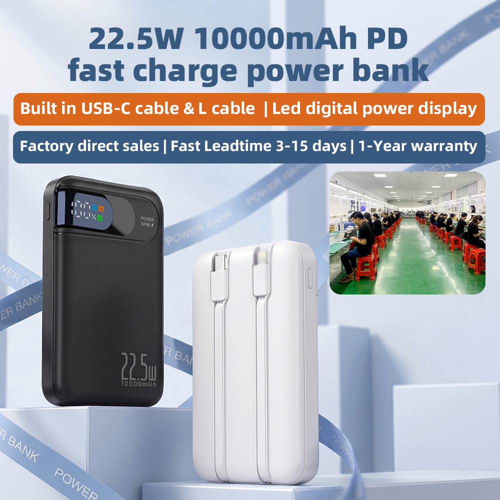 Wholesale 10000 Mah PD22.5W High Quality Powerbank Fast Charging Digital Display Dual Cable Power Bank