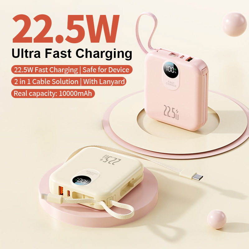 Portable PD 22.5W Fast Charging Powerbank 10000mAh Digital Display Power Bank with Built in 2 Cables