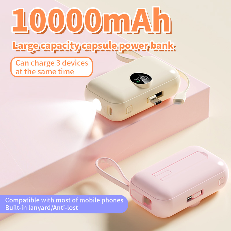 10000mah Mini USB-C Tail Plug Light Display 22.5W Fast Caharging Powerbank Built-In Cable Flashlight Power Bank with Holder