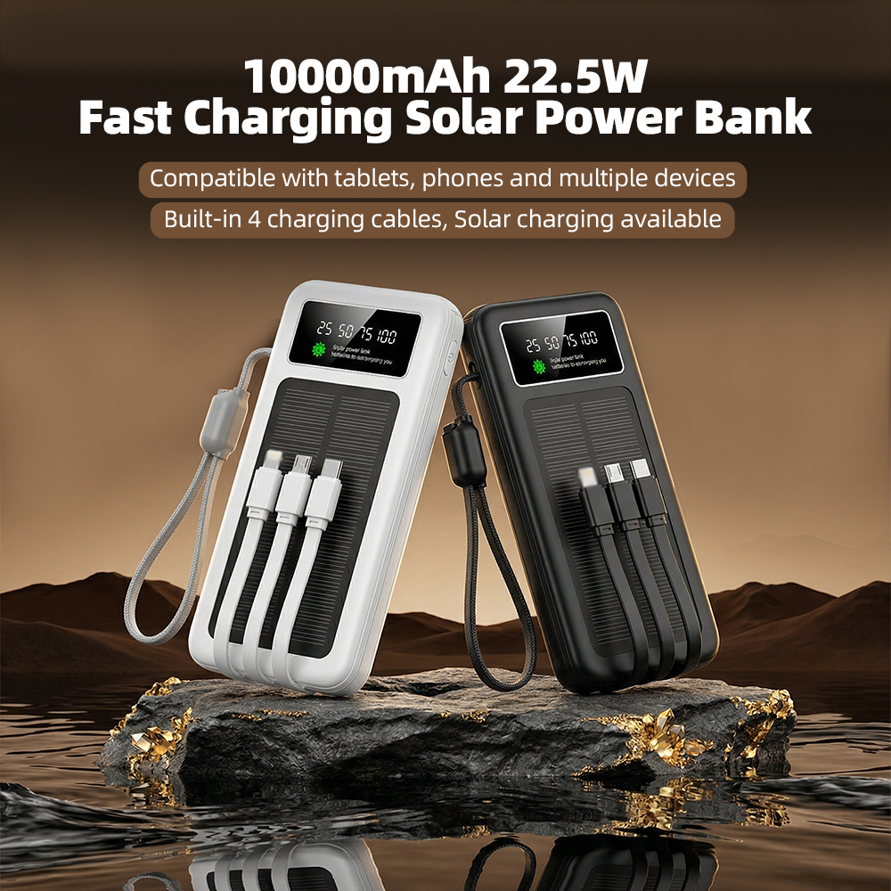 Portable High Capacity Powerbank PD 22.5W 10000mAh Digital Display with Torches Solar Power Bank Built in 4 Cables