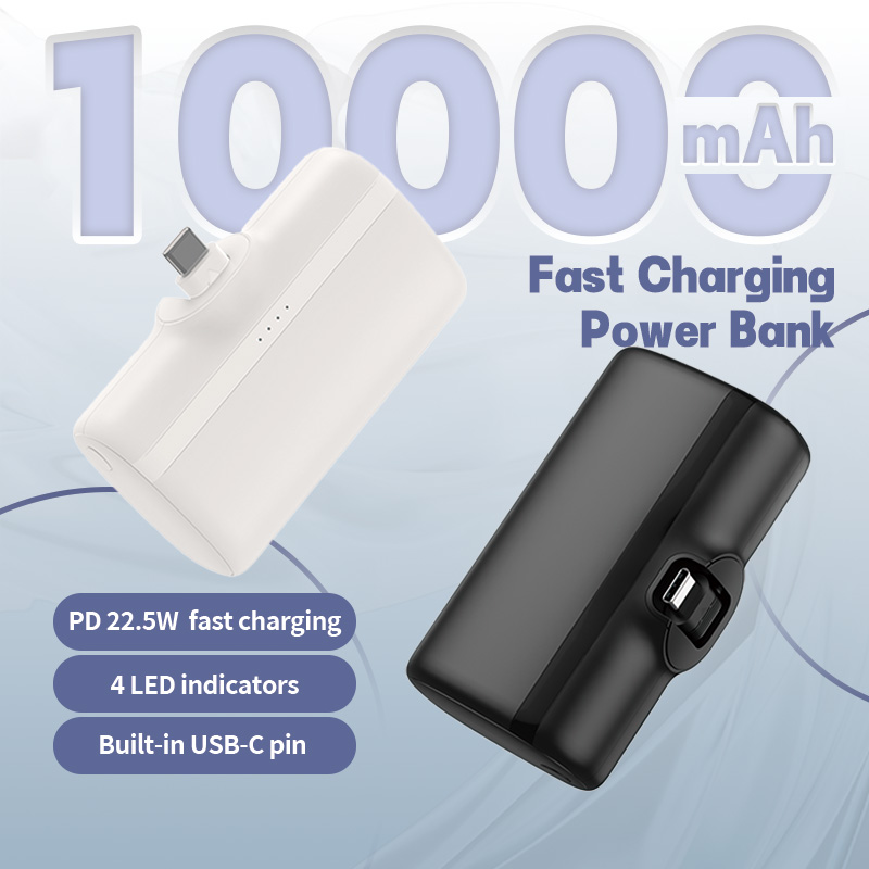 10000mah Mini USB-C Tail Plug Light Display 20W Fast Caharging Powerbank Built-In Cable Capsule Power Bank