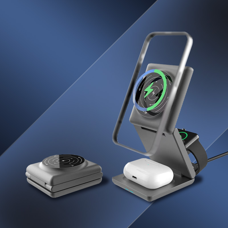 15W Fast Charging Desktop Anti-fire Wireless Charger Foldable 3 in 1 Phone Charger for Phone Watch and Earphone