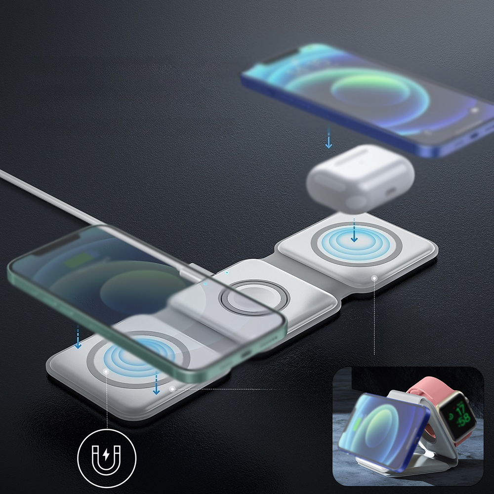 Custom Logo Hot Foldable 3 in 1 Magnetic Wireless Charger 15W Folding Wireless Charger Stand