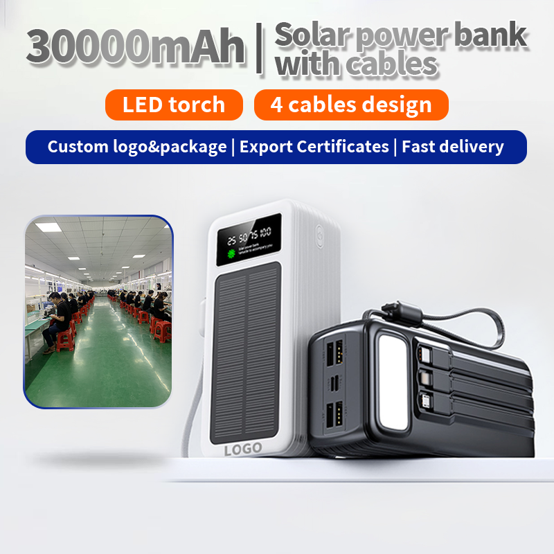 Outdoor High Capacity PD 22.5W Digital Display Portable Torches 30000mAh Solar Power Bank with Built in 4 Cables