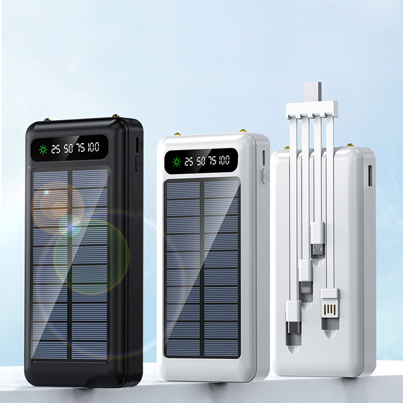 Custom Logo Portable Powerbank 20000mah Digital Display Built in 4Cables  for Phone Solar Power Bank
